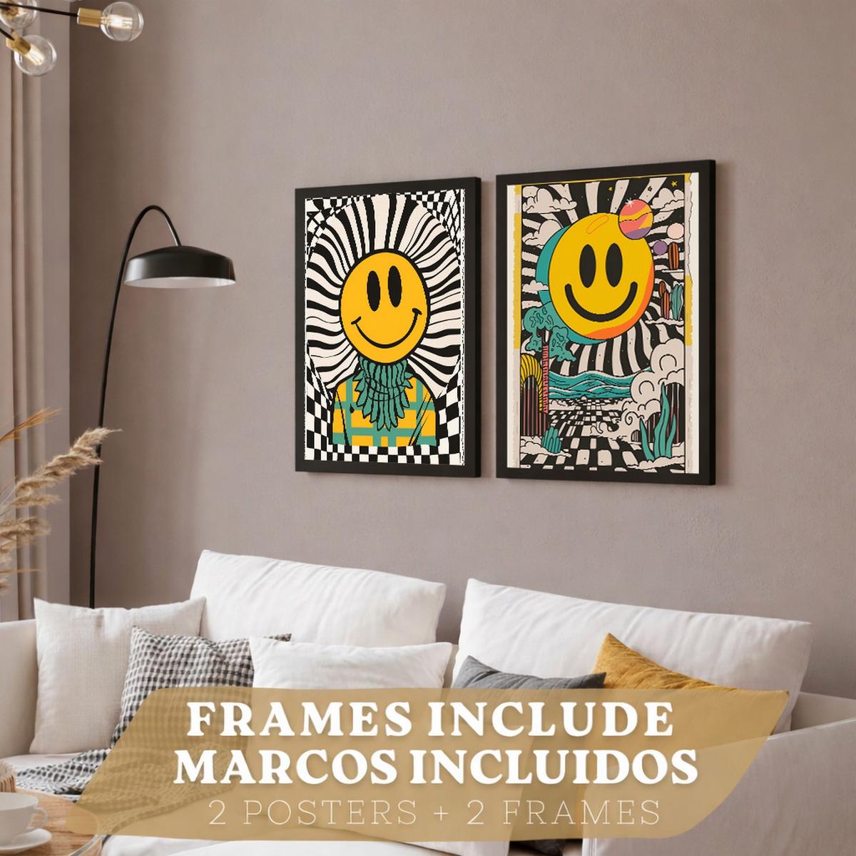 POSTER 4er Kunstdruck-Set Wandbilder Smiley Emoji modern Wohnzimmer Deko, Schlafzimmer, Küche, Badezimmer Schwarzer Rahmen A3 - Schwarz, Papier (29.7/1/42cm) - Nacnic