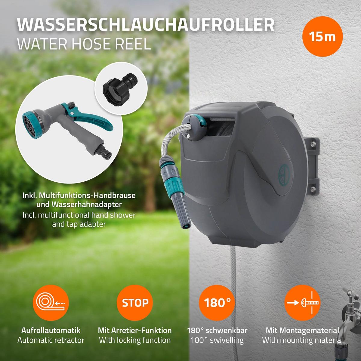 SCHLAUCHAUFROLLER 15m - Grau, Kunststoff (15/33.5/43cm) - ECD-Germany