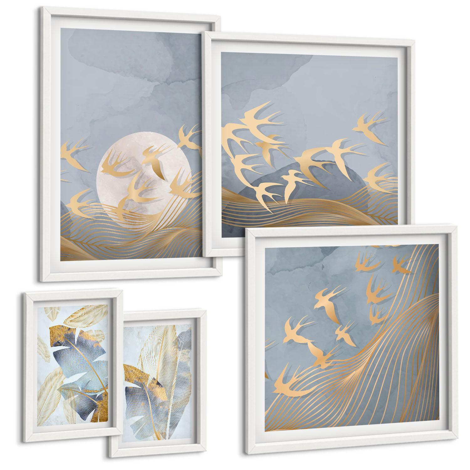 BILDER SET 5er Set - 50x50 cm & 20x30 cm & 40x60 cm Weißer Rahmen - Blaubeige Blätter im Hintergrund - Weiß, Kunststoff (40/60cm) - TULUP
