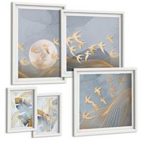 BILDER SET 5er Set - 50x50 cm & 20x30 cm & 40x60 cm Weißer Rahmen - Blaubeige Blätter im Hintergrund - Weiß, Kunststoff (40/60cm) - TULUP