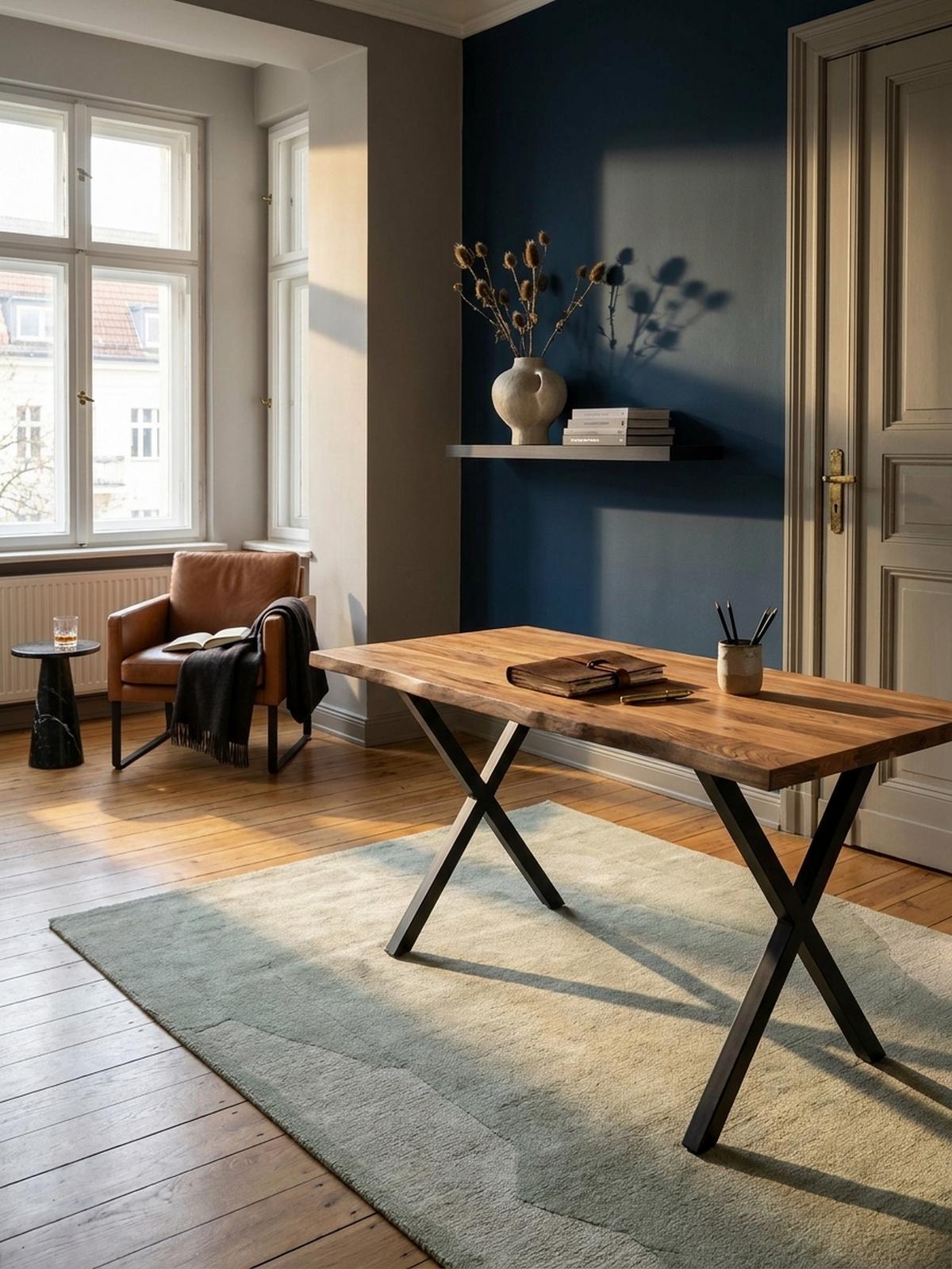 SCHREIBTISCH Massivholz X-Gestell Baumkante Handgefertigt KRETA, Goldbraun-Schwarz 120x60x76 cm - Schwarz/Braun, Holz/Metall (60/120/76cm) - KADIMA DESIGN