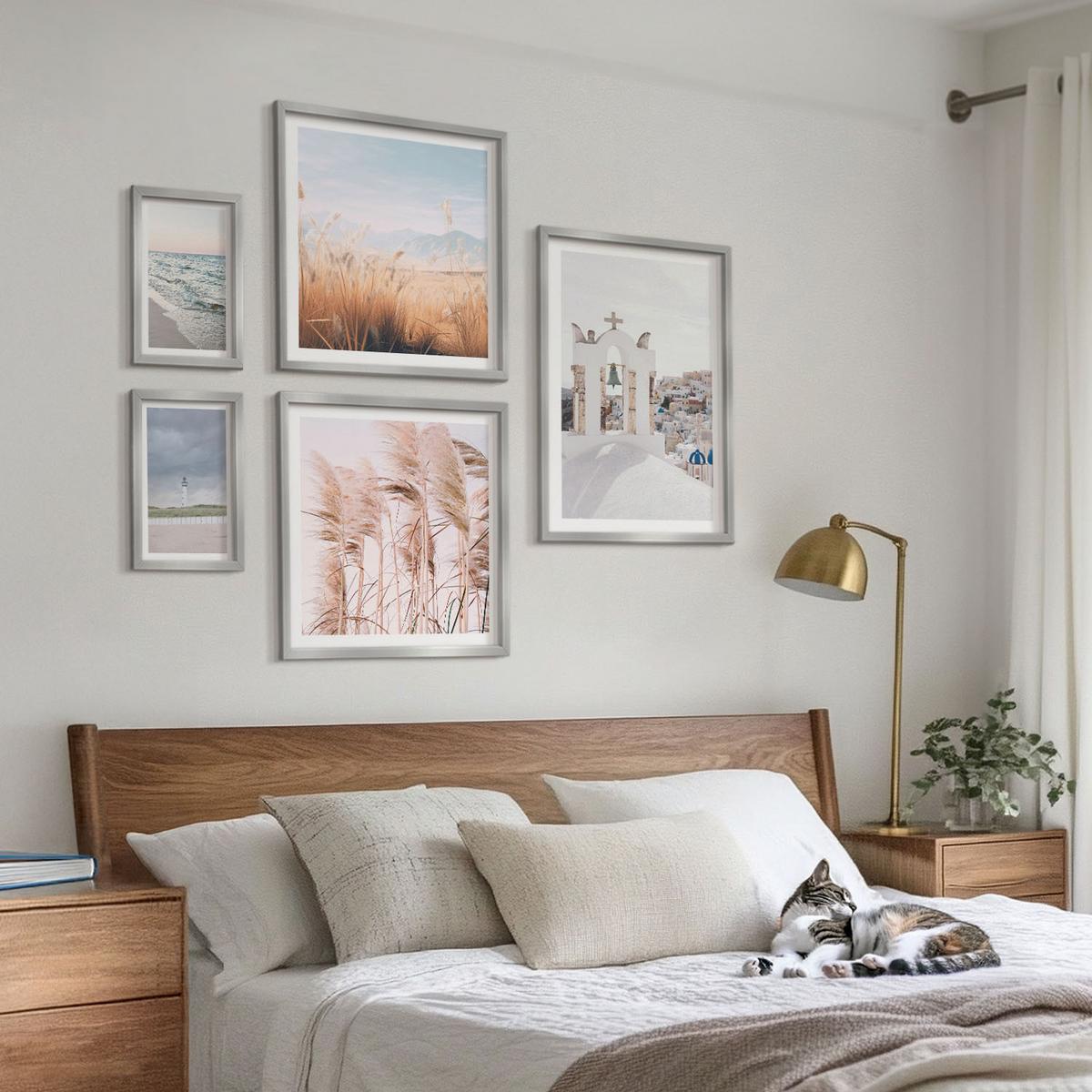 BILDER SET 5er Set - 50x50 cm & 20x30 cm & 40x60 cm Silberner Rahmen - Pflanzen, Meereswellen, Aussicht, Häuser - Silberfarben, Kunststoff (40/60cm) - TULUP