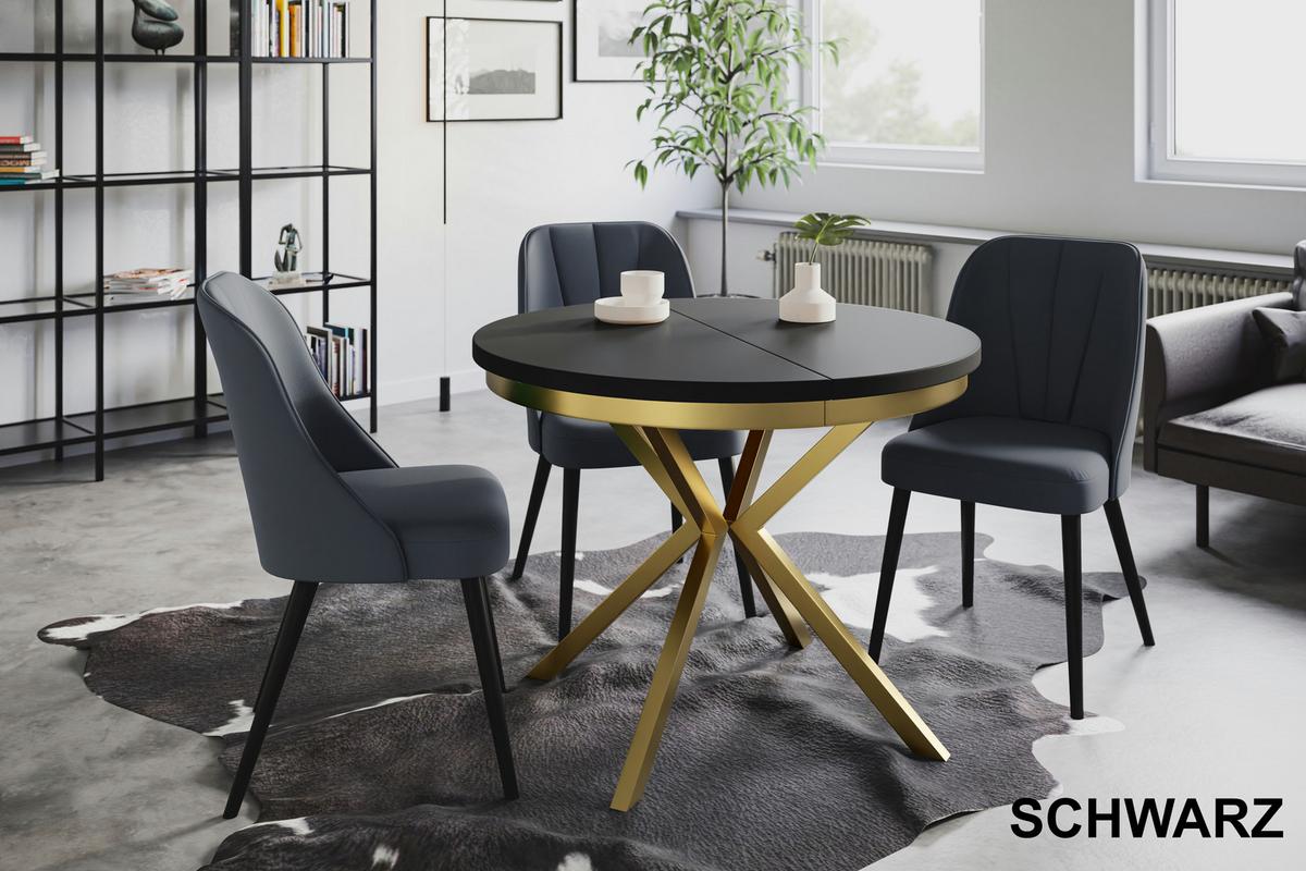 RUNDER Esszimmertisch BERGO, ausziehbarer Tisch Durchmesser: 120 cm/200 cm, Wohnzimmertisch Farbe: Schwarz, mit Metallbeinen in Farbe Gold - Goldfarben/Schwarz, Holzwerkstoff (120/120/76cm) - Alpi-Möbel
