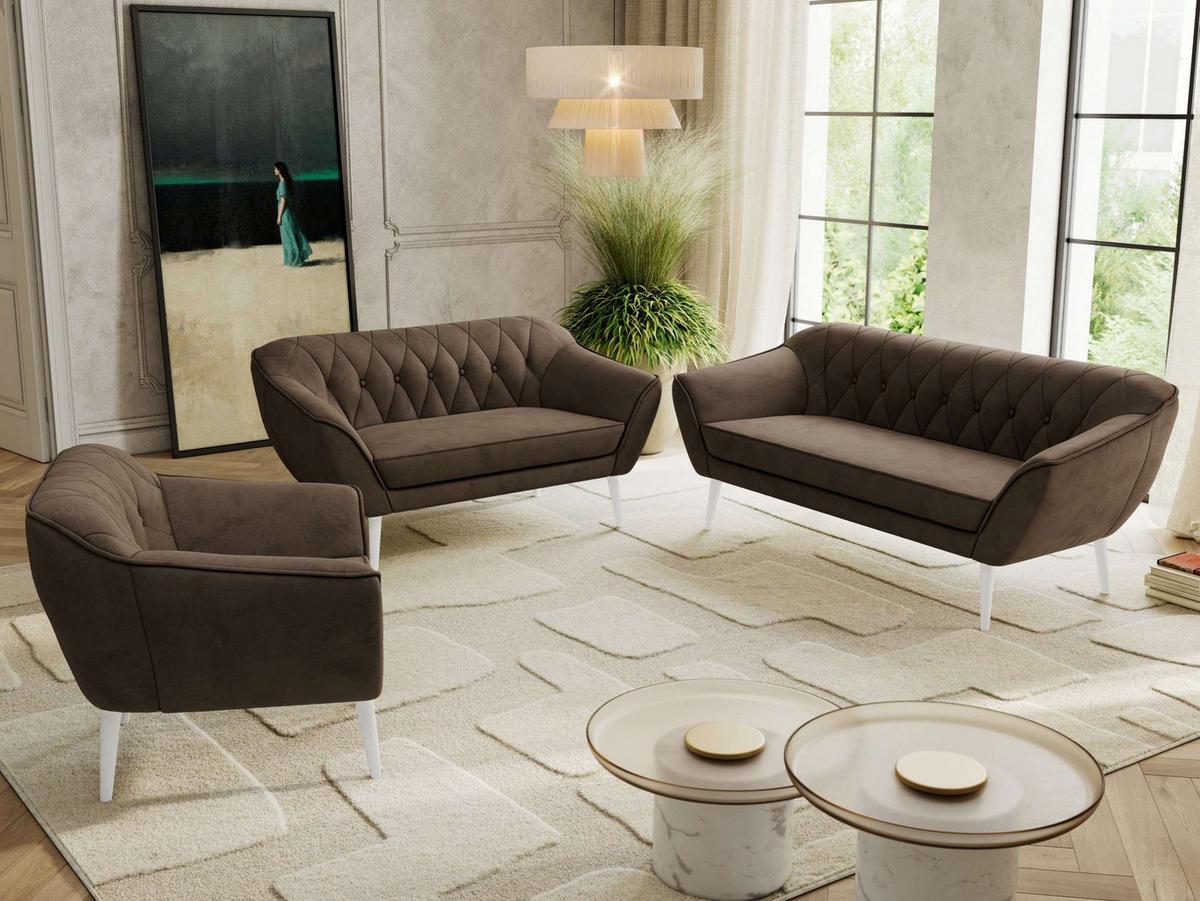 SITZGARNITUR PIRS 3+2+1 - Braun Velvet - Weiße Beine - Dunkelbraun/Braun, Holzwerkstoff/Textil (180/75/74cm) - MKS