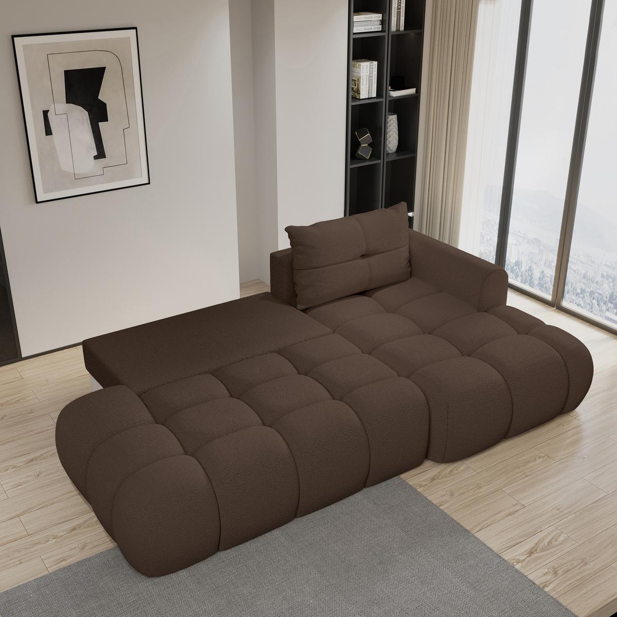 ECKSOFA FLUMA R-S Braun Boucle-Stoff mit Schlaffunktion - Braun, Holz (279/158cm) - MASSENO