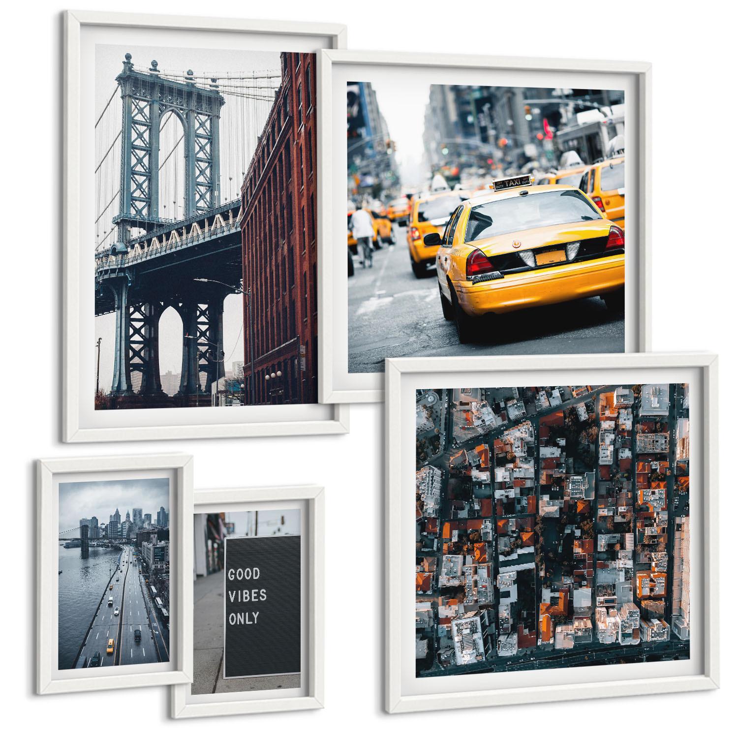 BILDER SET 5er Set - 50x50 cm & 20x30 cm & 40x60 cm Weißer Rahmen - Brückenstadt-Inschriften aus der Vogelperspektive - Weiß, Kunststoff (40/60cm) - TULUP