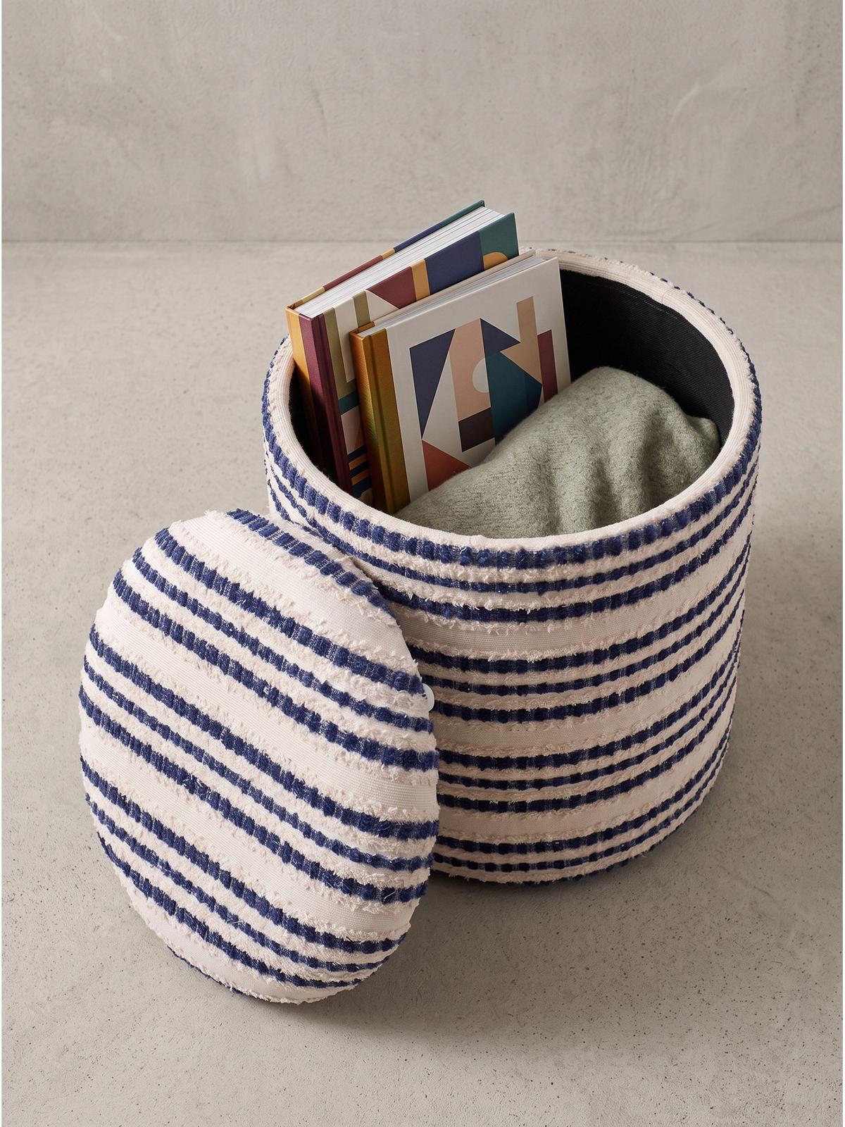 SITZHOCKER RHONE, Stoff, mit Textilbezug, Blau-Beige, Ø 40 x 45 cm - Blau/Beige, Textil (40/45/40cm) - KADIMA DESIGN