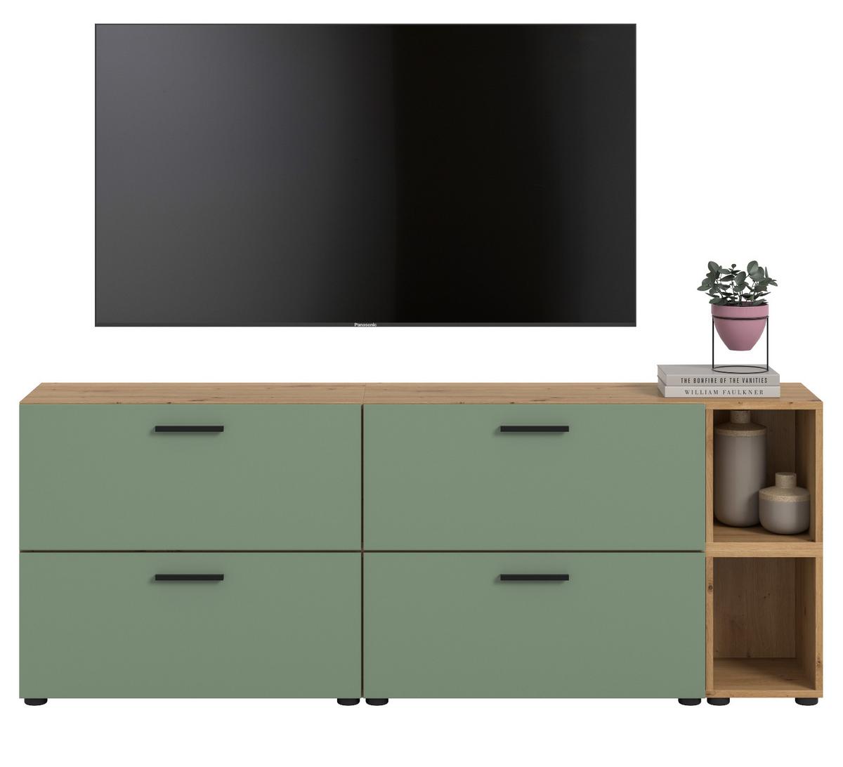TV-LOWBOARD Grün, Eiche Artisan 176 cm, Fernsehtisch hängend / stehend - Schwarz/Eiche Artisan, Holzwerkstoff/Kunststoff (176/67/34cm) - Inn.Furn