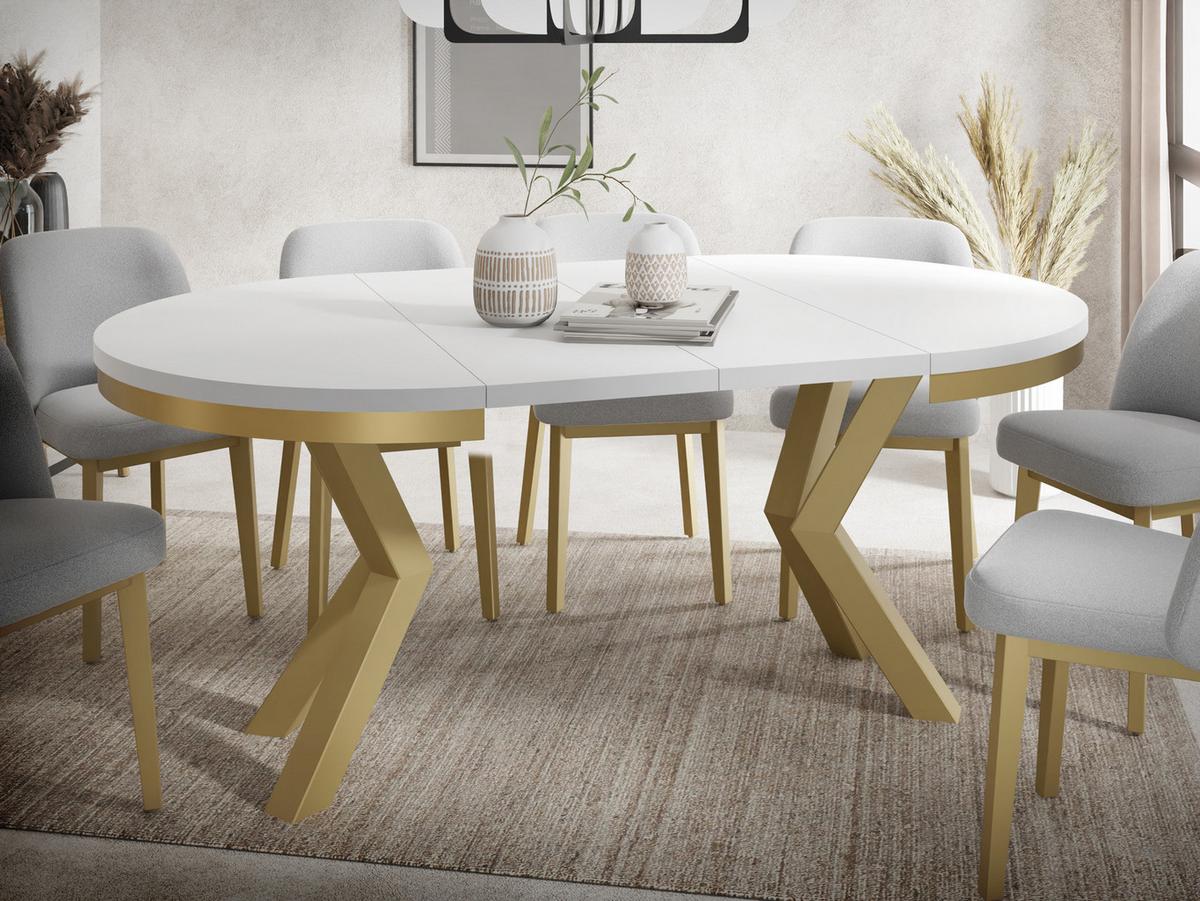 ESSTISCH Clara Gold runder ausziehbarer, Weiß 100-180/100/76 cm - Goldfarben/Weiß, Holzwerkstoff/Metall (100/176/76cm) - WFL GROUP