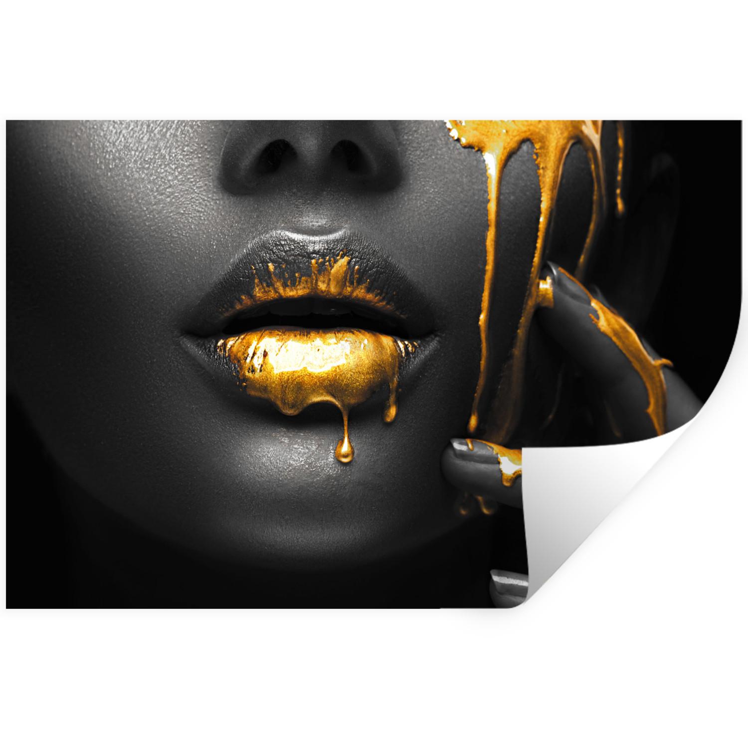 WANDTATTOO Frau - Schwarz - Gold - Gesicht - Lippen Deko Wohnzimmer 60x40 cm - Goldfarben, Kunststoff (60/40/0.1cm) - MuchoWow