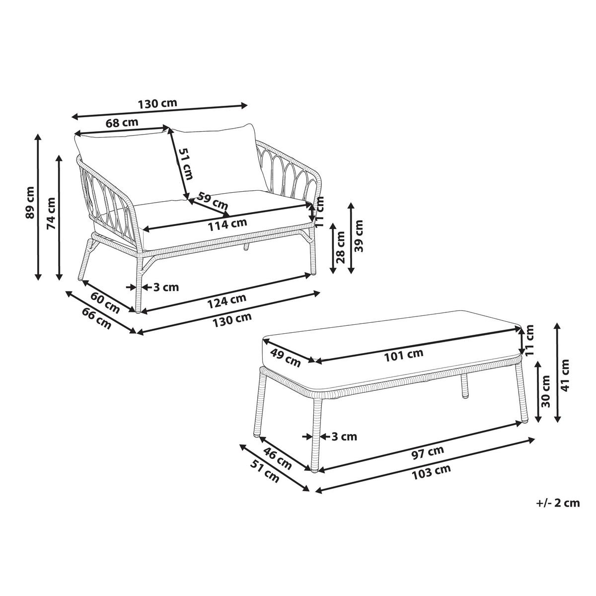 GARTENSOFA 2-Sitzer mit Bank Polyrattan Hellbraun Follo - Hellbraun/Braun, Kunststoff (130/89/66cm) - Beliani
