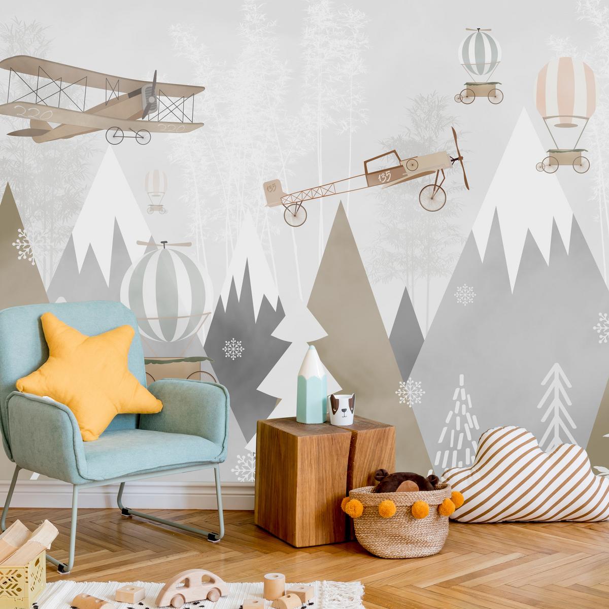 FOTOTAPETE für Kinderzimmer Flugzeuge Bergen Bäume 150x105 - Beige/Braun, Papier (150/105cm) - Muralo