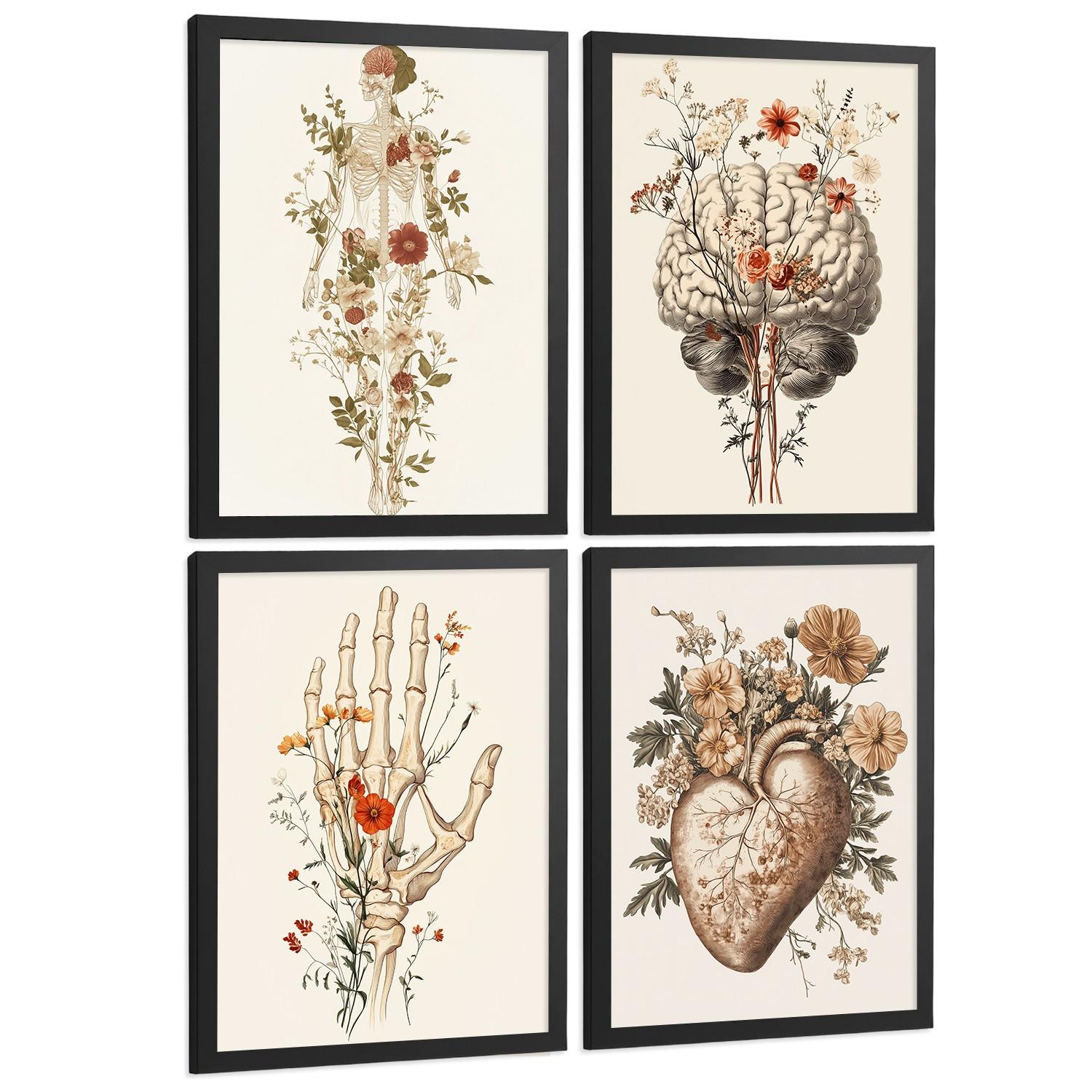 POSTER Set aus 4 Anatomie Mensch Dekorative Drucke und Wandbilder mit Blumen Ganzkörper Gehirn Hand und Herz Stil Größe Schwarzer Rahmen A4 - Schwarz, Papier (21/29.7/3cm) - Nacnic