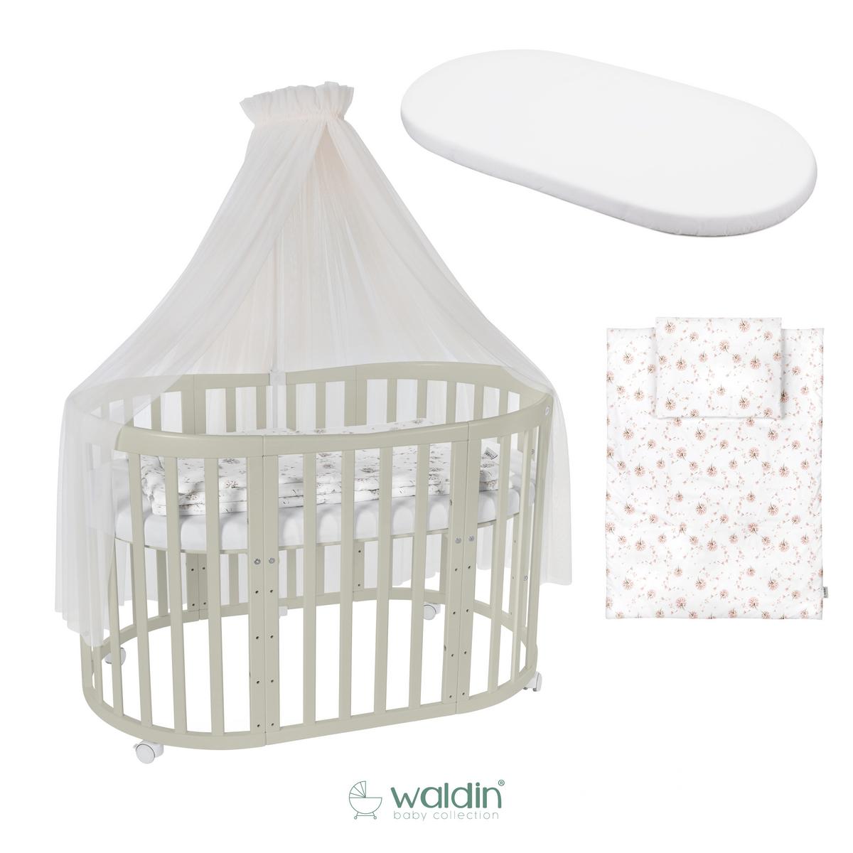 BABYBETT OLIVE OVAL 7in1 mit Matratze und Himmelset - Champagner/Olivgrün, Holz/Textil (73/125cm) - waldin