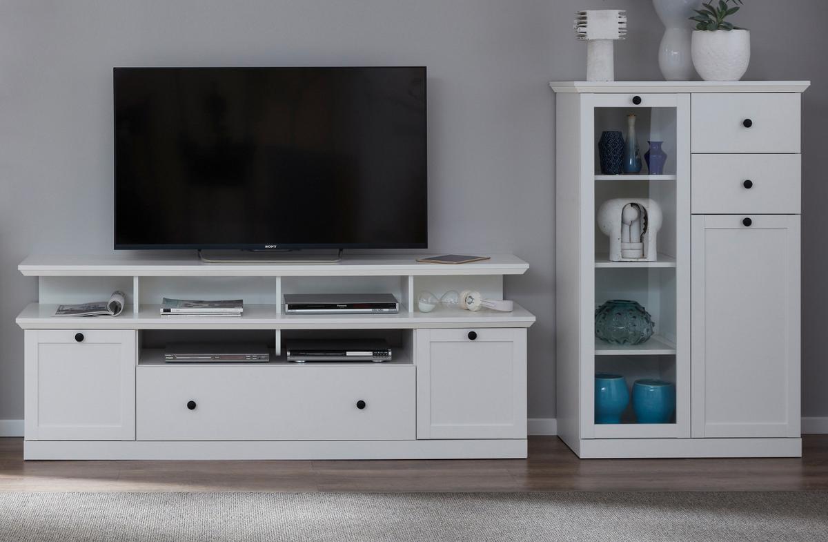 WOHNWAND weiß Set 3-teilig 273 cm, Wohnzimmer Schränke im landhaus-Stil - Silberfarben/Weiß, Glas/Holzwerkstoff (273/180/41cm) - Top.Furn