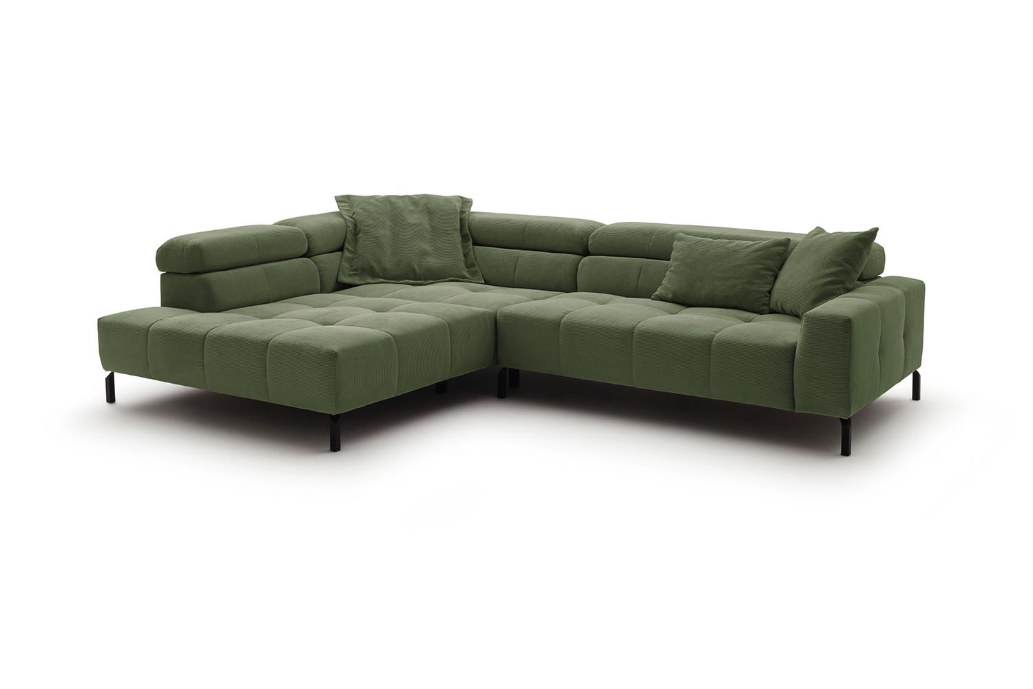 ECKSOFA MIT MOTORISCHEM SITZVORZUG OHIO Grün Cord Relaxfunktion - Schwarz/Olivgrün, Textil/Metall (311/219cm) - KAWOLA