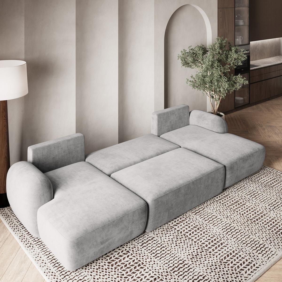WOHNLANDSCHAFT SAVONA K Hellgrau Plüsch-Stoff mit Schlaffunktion - Hellgrau/Schwarz, Holz/Kunststoff (320/90/148cm) - MASSENO