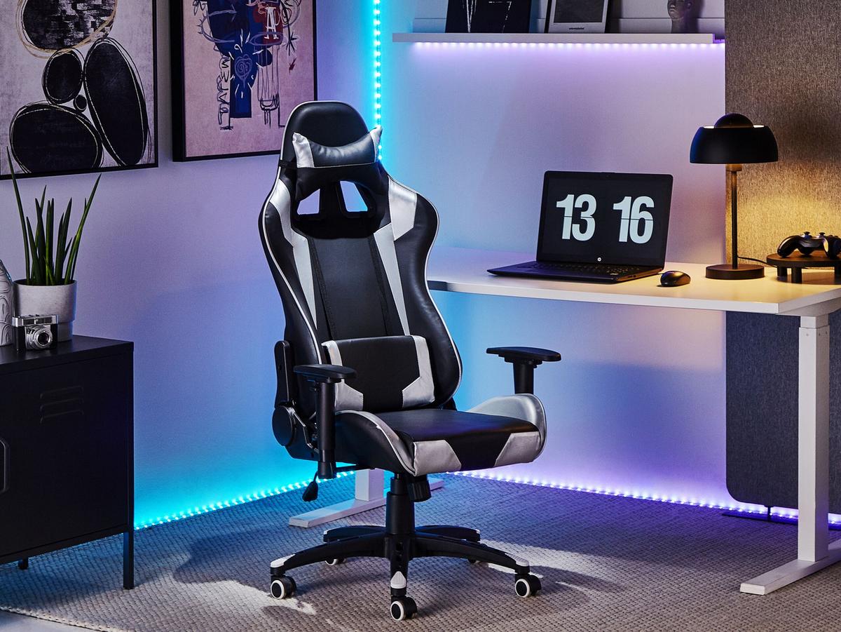 GAMINGSTUHL Kunstleder Schwarz/Silber Knight - Schwarz, Kunststoff/Textil (71/129/71cm) - Beliani