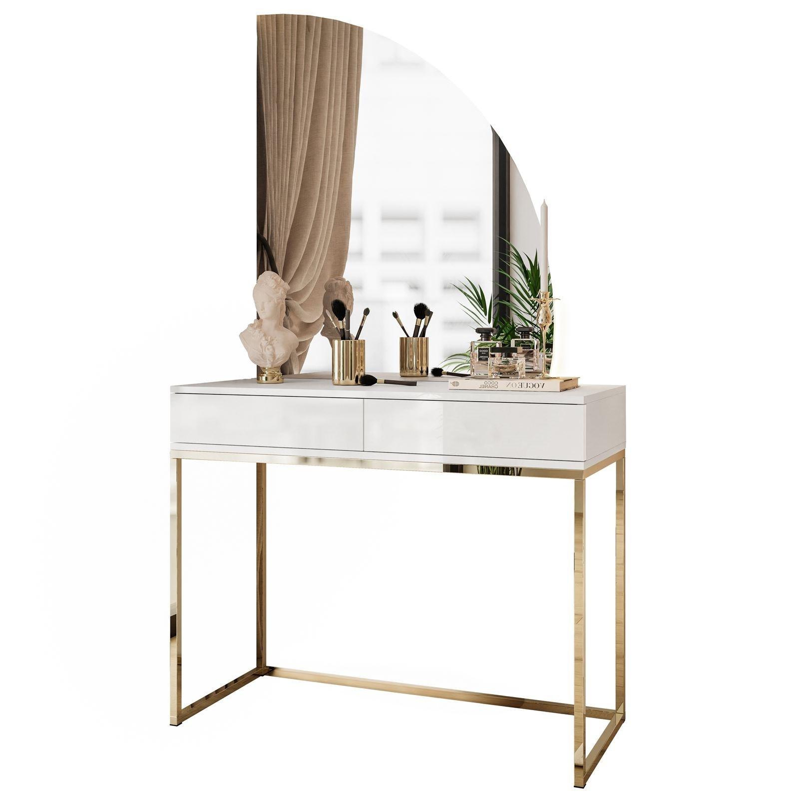 SCHMINKTISCH weiß QUINNIE mit LED-Spiegel gold Chrom rechts PUSH OPEN - Goldfarben/Weiß, Holzwerkstoff (100/176/42cm) - Lookway