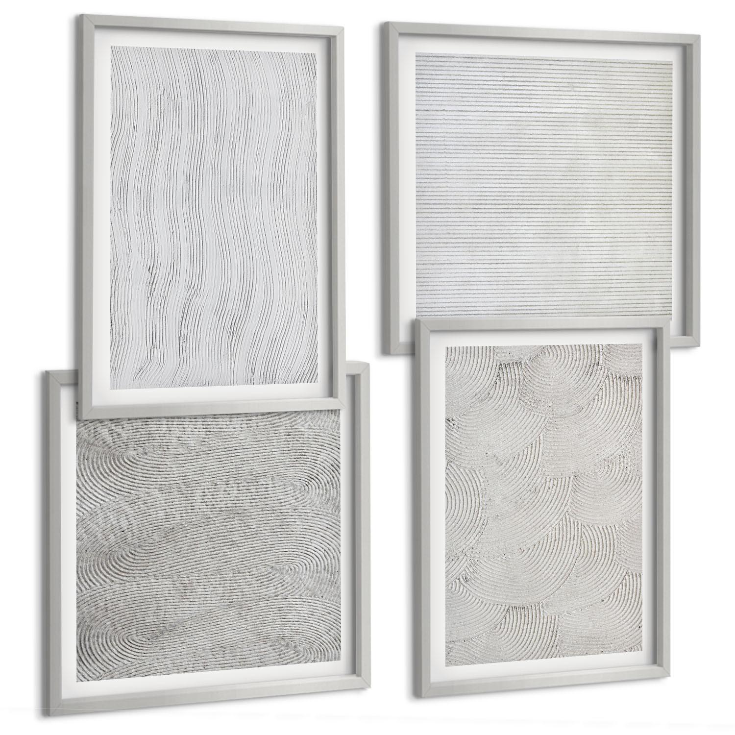 BILDER SET 4er Set - 50x50 cm & 40x60 cm Silberner Rahmen - Sandmuster geometrische Strukturen - Silberfarben, Kunststoff (50/50cm) - TULUP