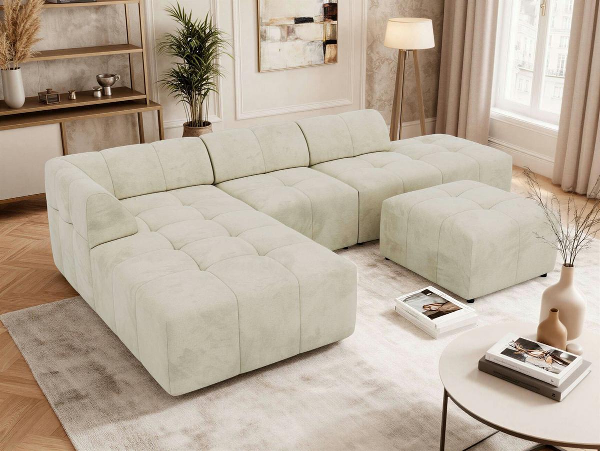 ECKSOFA GRIDA 4M L Beige Velvet - Links - Beige/Schwarz, Kunststoff/Textil (335/176cm) - MKS