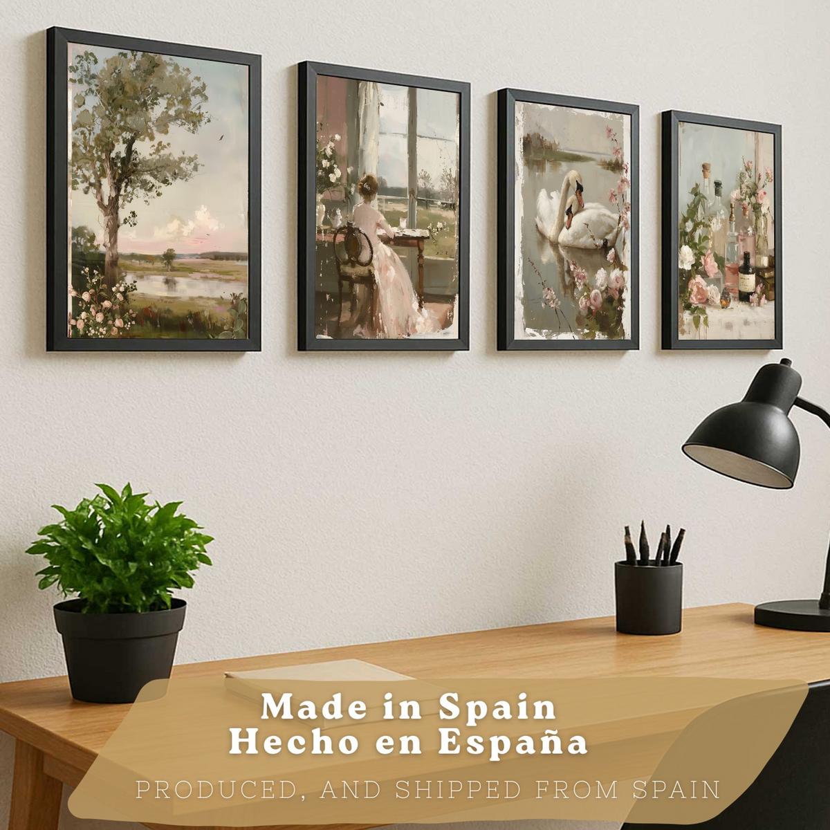 POSTER 4er Bilder-Set Wandbilder Rosen Ölmalerei modern Wohnzimmer Deko, Schlafzimmer, Küche, Badezimmer Schwarzer Rahmen A3 - Schwarz, Papier (29.7/1/42cm) - Nacnic