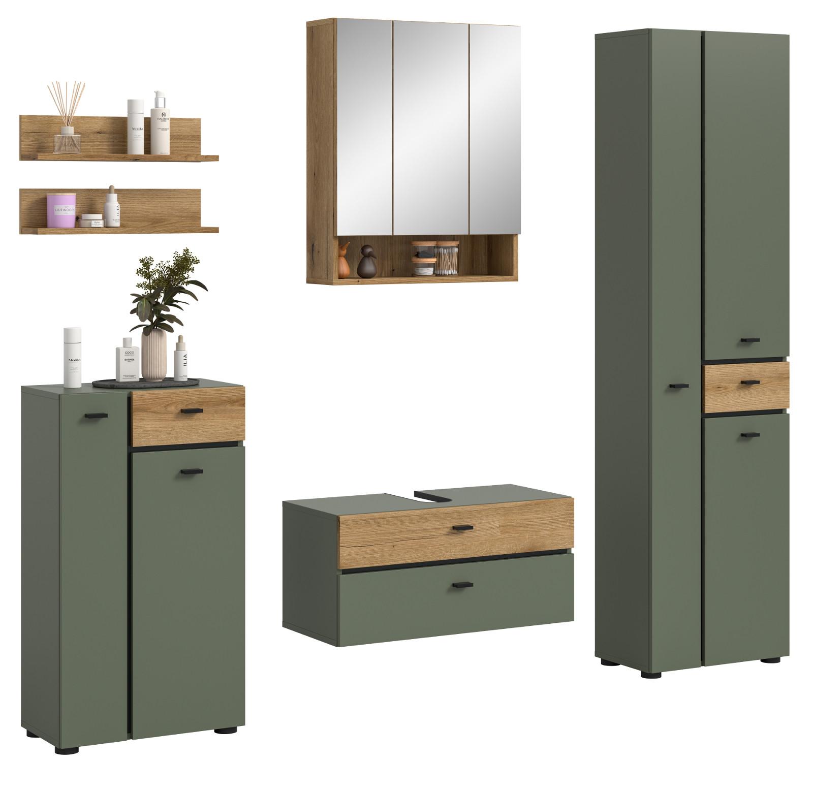 BADMÖBEL-SET grün, Evoke Eiche 6-teilig 207 cm, Komplettset mit viel Stauraum - Eichefarben/Schwarz, Glas/Holzwerkstoff (207/191/35cm) - Inn.Furn