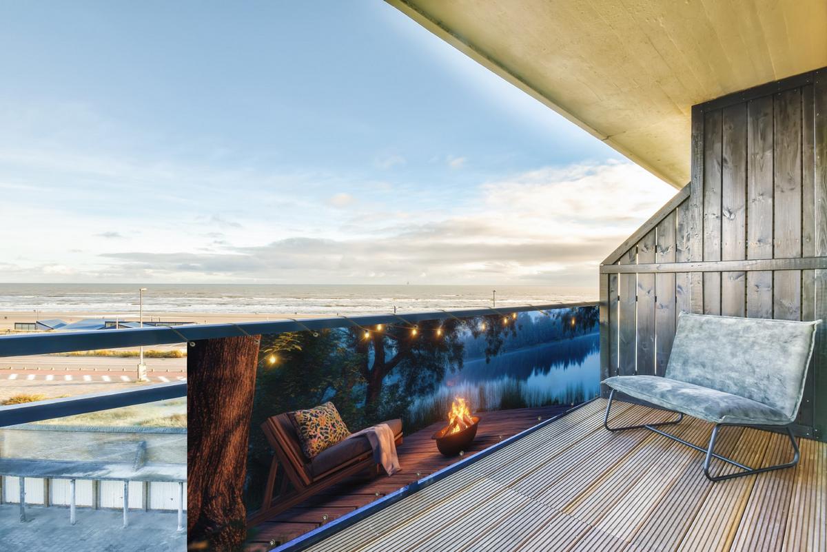 BALKON-SICHTSCHUTZ Lagerfeuer - See - Abendlicht Witterungsbeständig 300x75 cm - Dunkelblau, Kunststoff (300/75cm) - MuchoWow