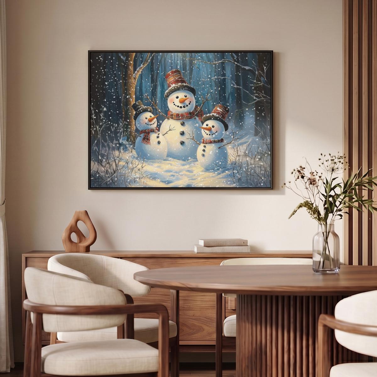 LEINWAND Bilder mit Rahmen - Schneemann - Schnee - Winter - Wald - 100x70 - Hellblau, Textil (100/70cm) - MuchoWow