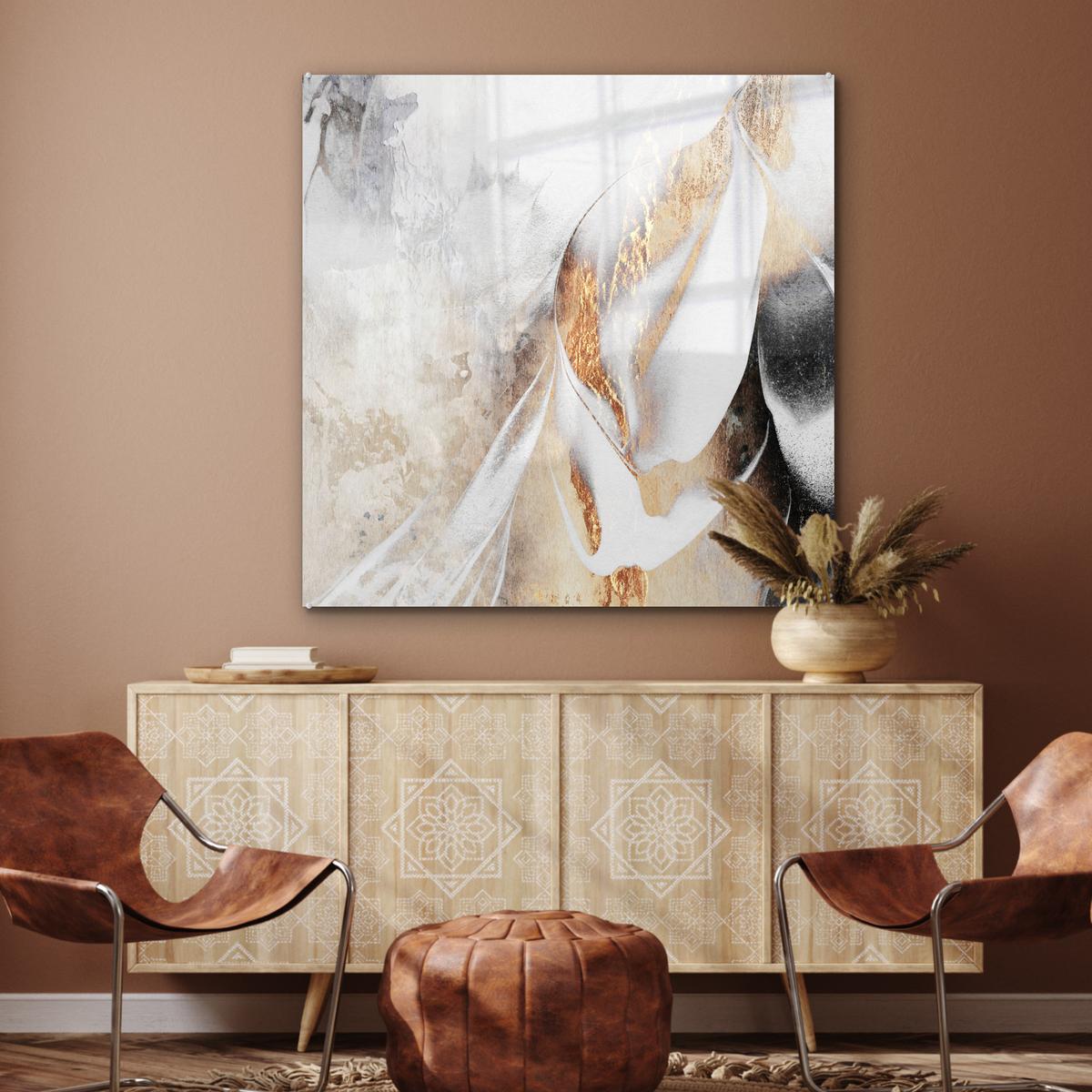 ACRYLGLASBILD Luxus - Abstrakt - Gold - Weiß 90x90 cm - Goldfarben, Glas (90/90cm) - MuchoWow