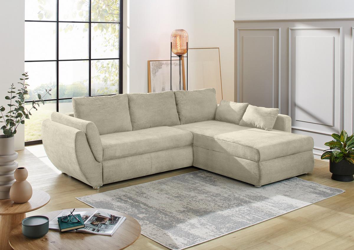 ECKSOFA mit Schlaffunktion und Bettkasten, seitenverkehrt montierbar B272/T200/H88 cm, Liegefläche 128x224 cm, Cord Beige Grau / 15227 - Chromfarben/Greige, Kunststoff/Textil (272/200cm) - luma-home