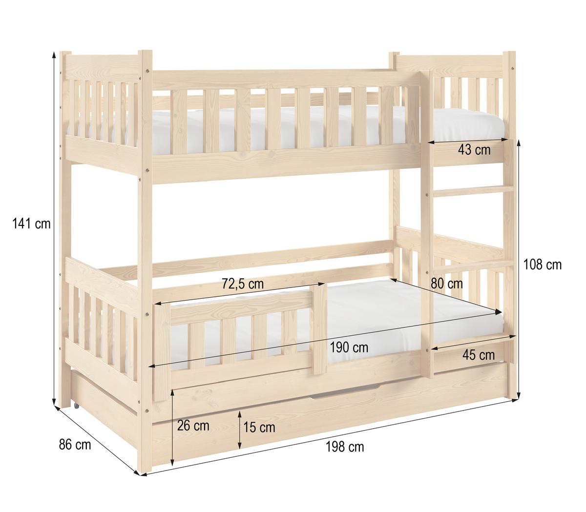 ETAGENBETT LUCIA mit Bettkasten 80x190 cm Hellgrau - Hellgrau, Holz (80/190cm) - MASSENO