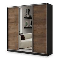 SCHWEBETÜRENSCHRANK SORE 180/205/58 cm 3-türig mit Spiegel und Schubladen Schwarz / Eiche Lefkas - Eichefarben/Silberfarben, Holzwerkstoff (180/205/58cm) - MASSENO