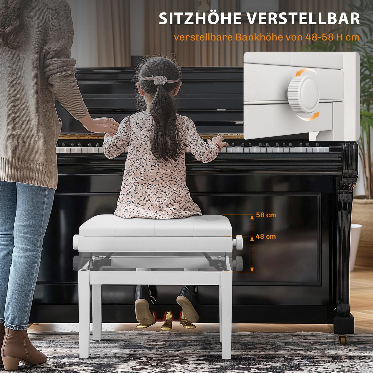 KLAVIERBANK Gummiholz Kunstleder Weiß - Weiß, Holz/Kunststoff (33/58/54.5cm) - HOMCOM