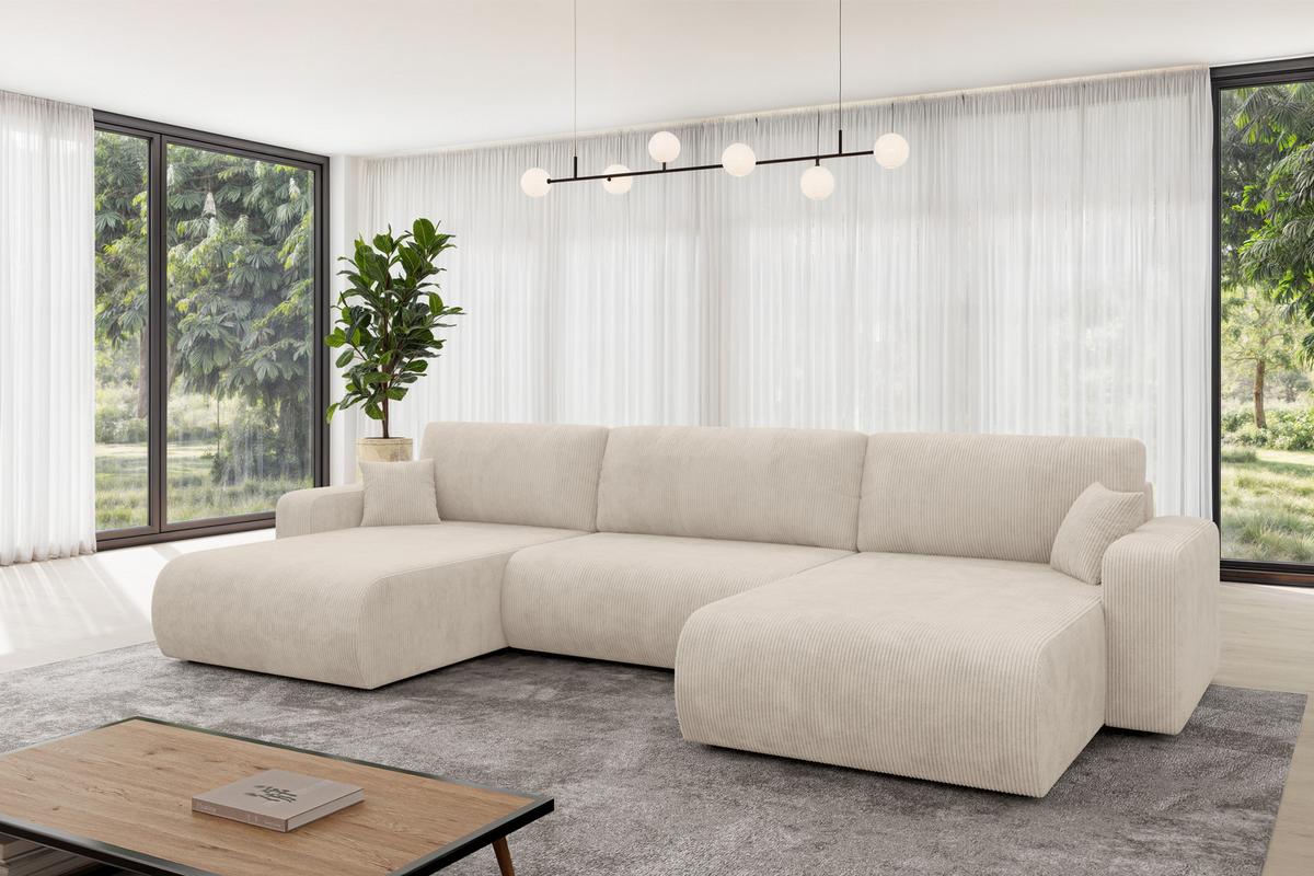 WOHNLANDSCHAFT mit Schlaffunktion und Bettkasten BERY-U 377x193x88 Beige Cord - Beige/Schwarz, Holzwerkstoff/Kunststoff (377/88/193cm) - ALTDECOR