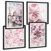 BILDER SET 4er Set - 50x50 cm & 40x60 cm Schwarzer Rahmen - Rosa Blumen, romantische Landschaft - Schwarz, Kunststoff (50/50cm) - TULUP