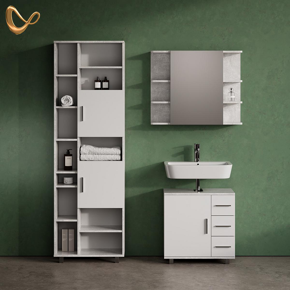 BADSCHRANK Eisak Beton 60 x 190 cm - Grau, Holzwerkstoff (60/190/30cm) - Livinity®