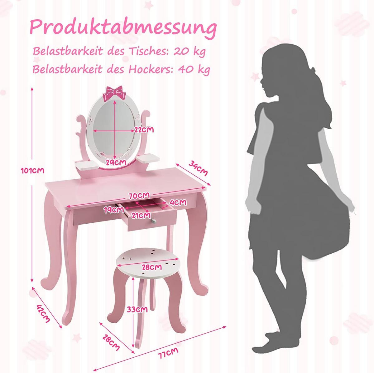 SCHMINKTISCH Set für Kinder Pink - Pink, Holz (70/101/34cm) - COSTWAY