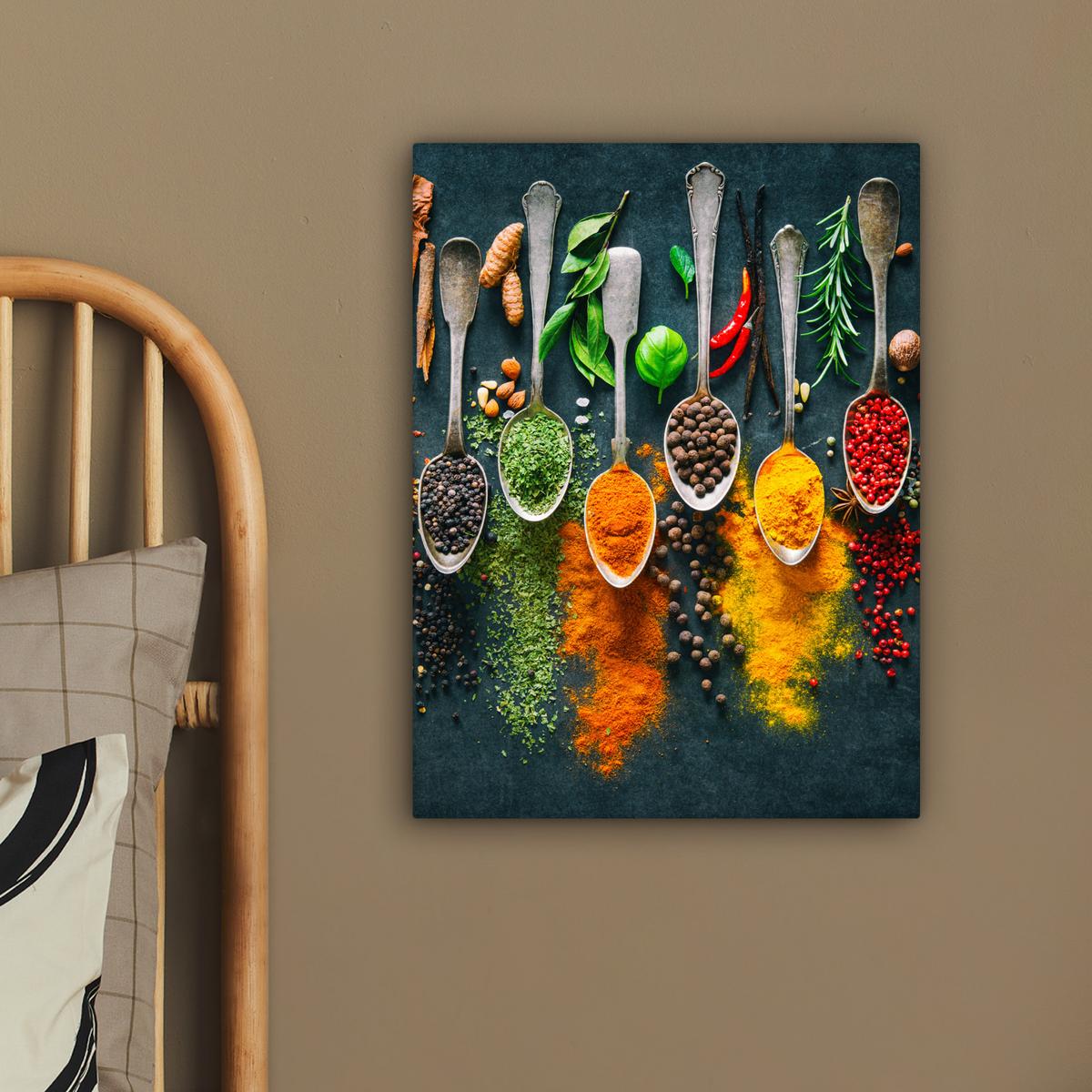LEINWANDBILD Kräuter - Gewürze - Löffel Room Decor 30x40 cm - Currygelb, Textil (30/40cm) - MuchoWow
