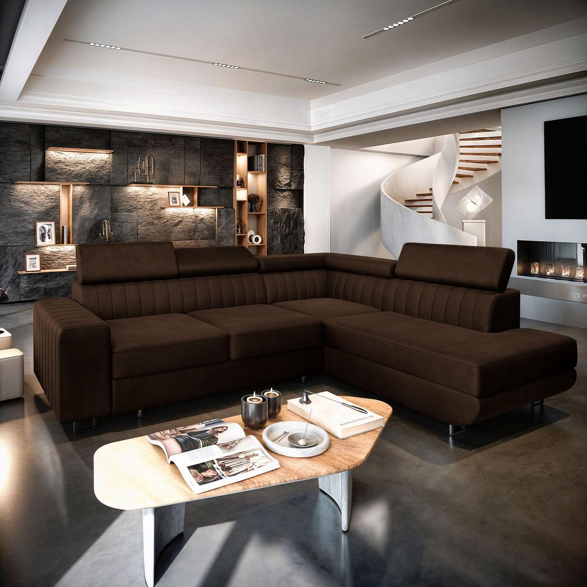 ECKSOFA NOLA R-S Braun Velours-Stoff mit Schlaffunktion - Silberfarben/Braun, Holz/Textil (253/190cm) - MASSENO