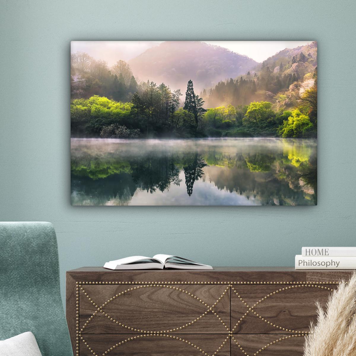 LEINWANDBILD Natur - Bäume - Berge - See - Wasser Gemälde 60x40 cm - Hellgrün, Textil (60/40cm) - MuchoWow