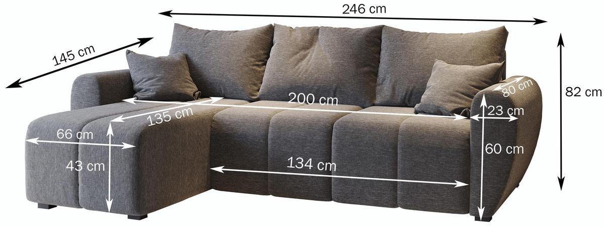 ECKSOFA MADISON Hellgrau Plüsch-Stoff mit Schlaffunktion - Hellgrau/Schwarz, Holz/Kunststoff (246/143cm) - MASSENO
