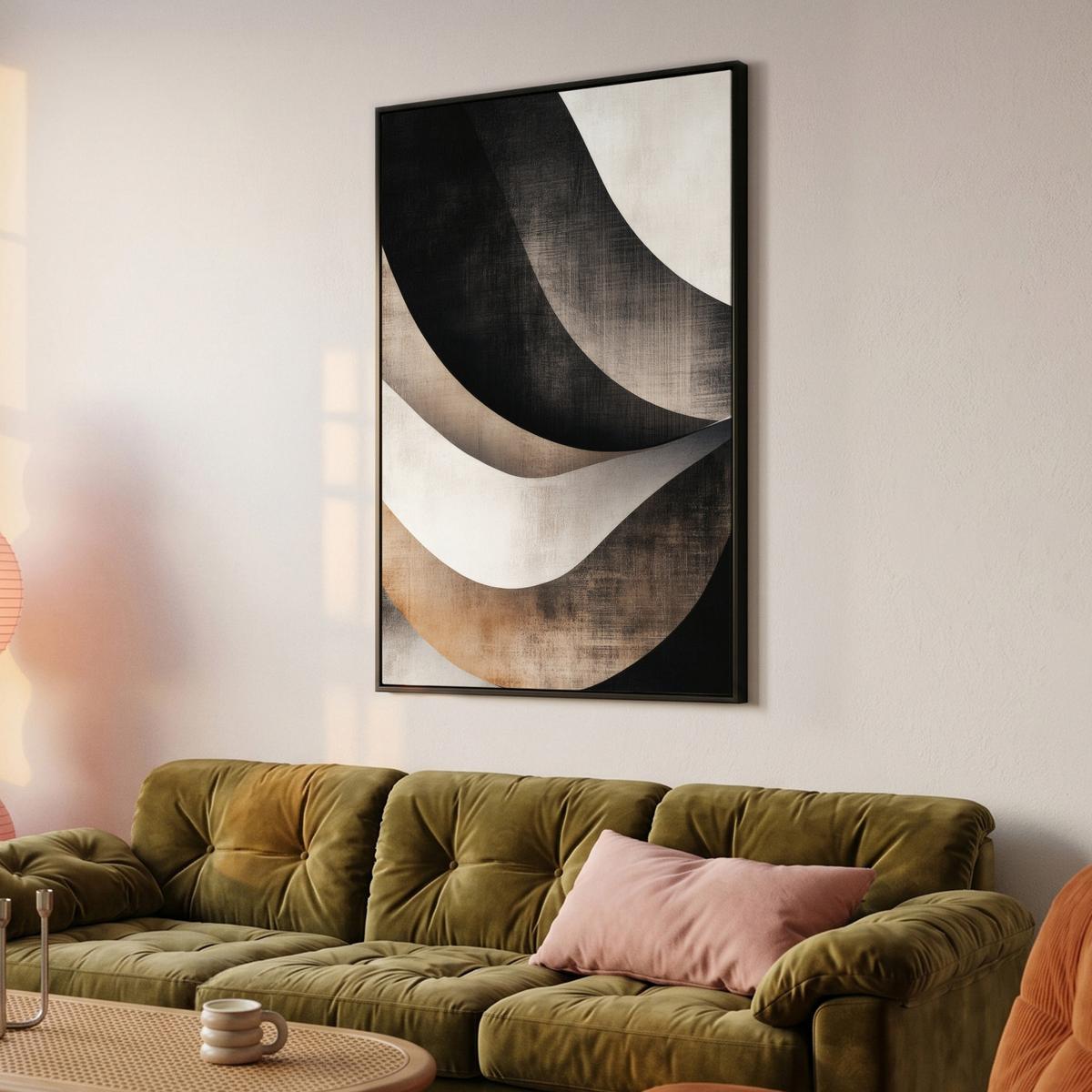 LEINWAND Bilder mit Rahmen - Abstrakt - Wellen - Schwarz - Verwittert - 90x140 - Trüffeleichefarben, Textil (90/140cm) - MuchoWow