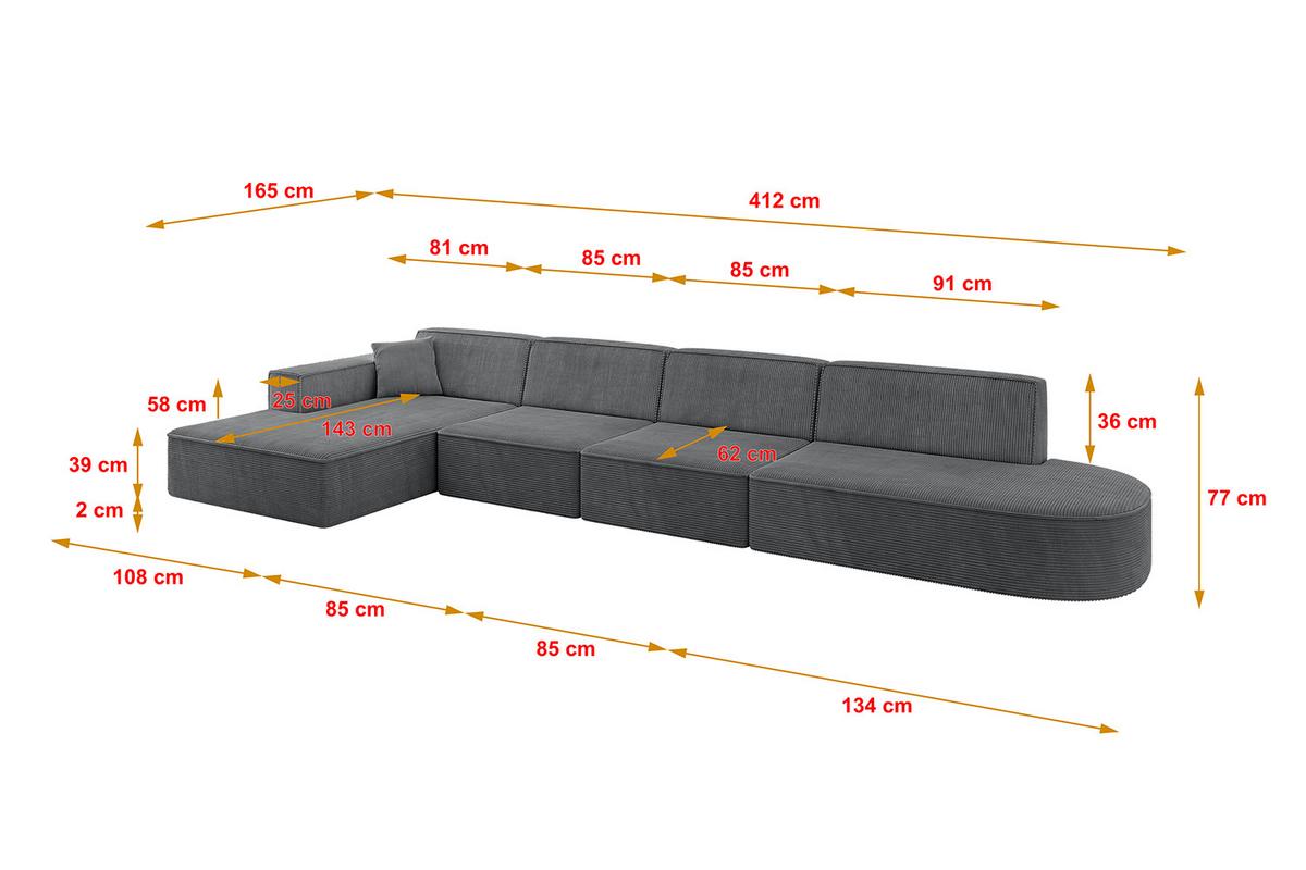 ECKSOFA Ottomane Links IREA-L3-v4 - 412x165x77 cm Duneklgrau - Dunkelgrau/Graphitfarben, Holzwerkstoff/Textil (412/165cm) - ALTDECOR