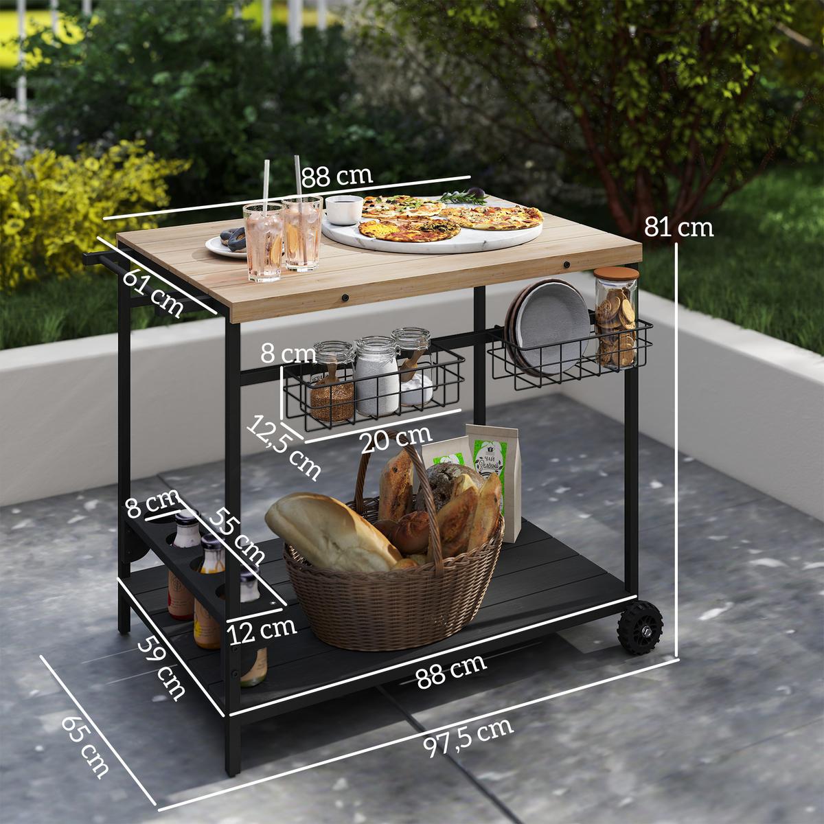 GARTENROLLWAGEN mit 2 Ebenen, mit Aufbewahrungskorb, mit Griff, Tanne, Natur - Fichtefarben, Holz (65/81/97.5cm) - Outsunny