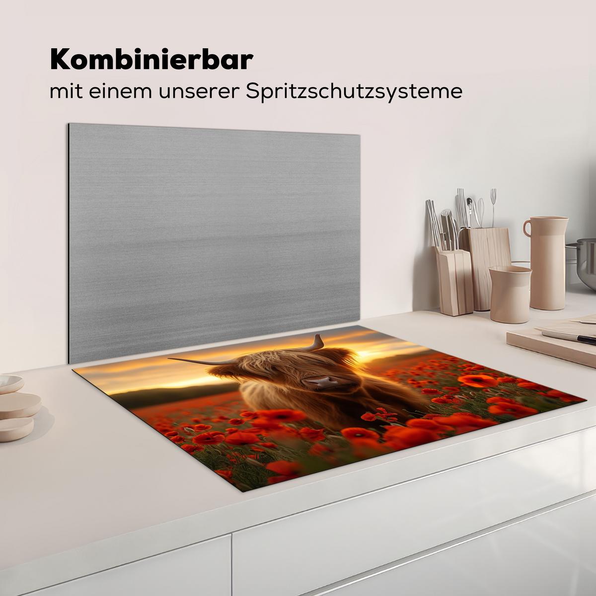 HERDABDECKPLATTE Schottische Highlander - Rosen - Blumenfeld - Sonnenuntergang Induktionsmatte 77x59 cm - Rotbraun, Kunststoff (77/59/0.2cm) - MuchoWow