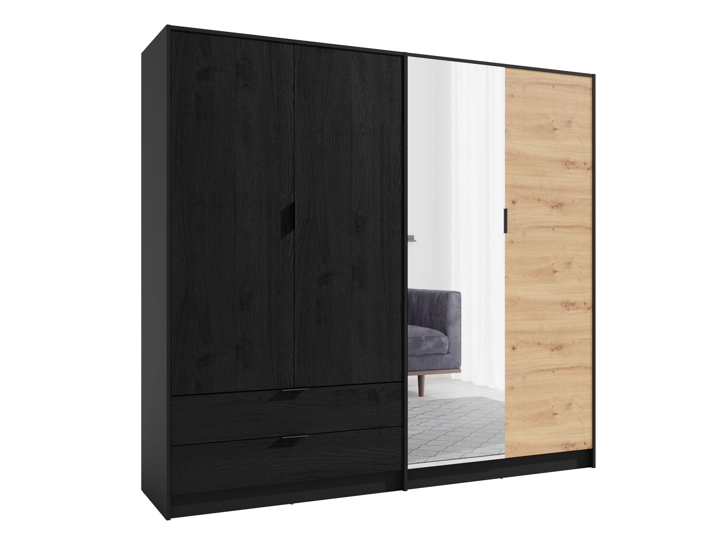 DREHTÜRENSCHRANK ZETRAL 220,2/203/54cm 4-türig mit Spiegel Schwarz - Schwarz/Eiche Artisan, Holzwerkstoff (220.2/203/54cm) - MASSENO
