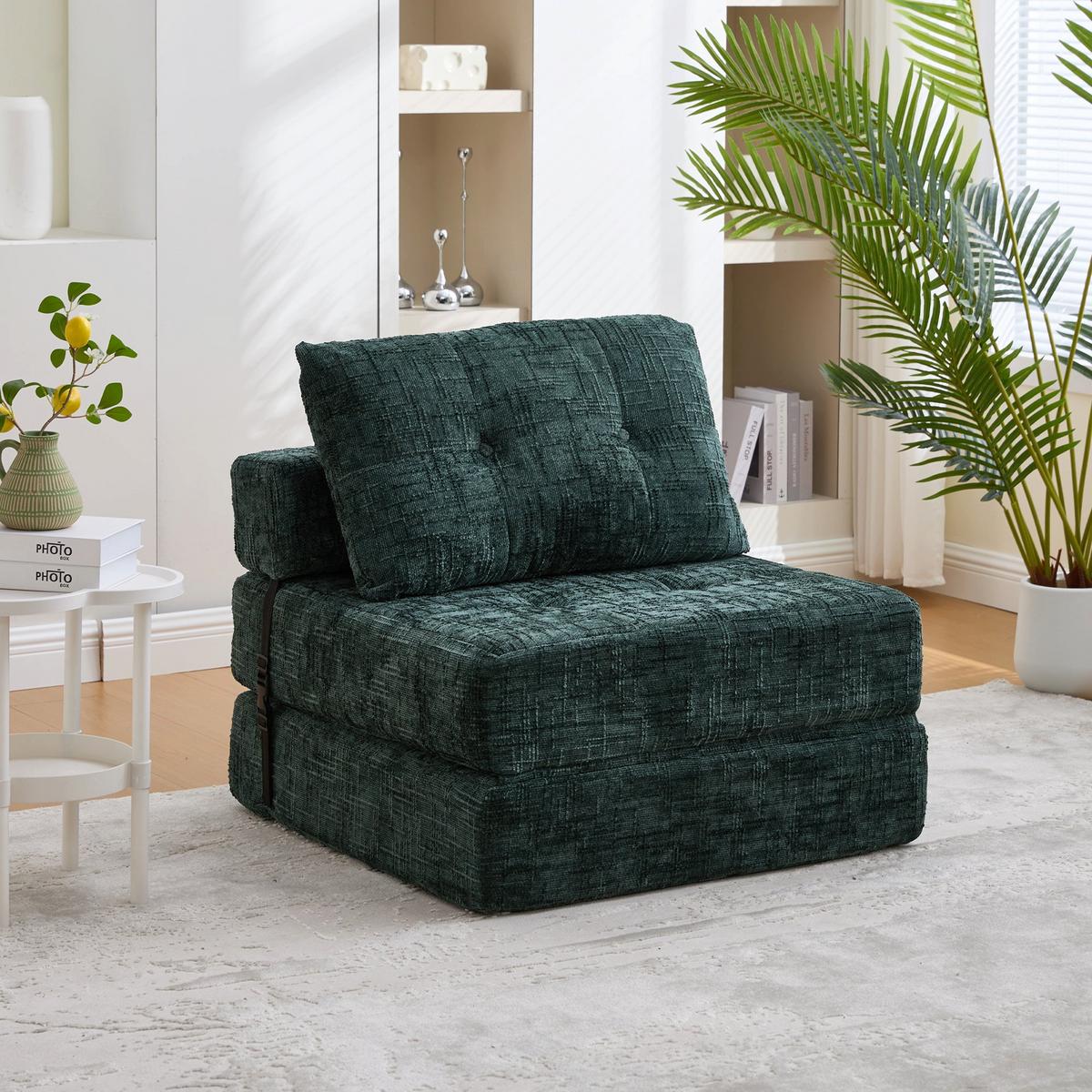 KLAPPBARER Chenille-Sessel mit Kissen, 79 x 79 x 57 cm, Grün - Dunkelgrün, Textil (79/57/79cm) - Urban Meuble