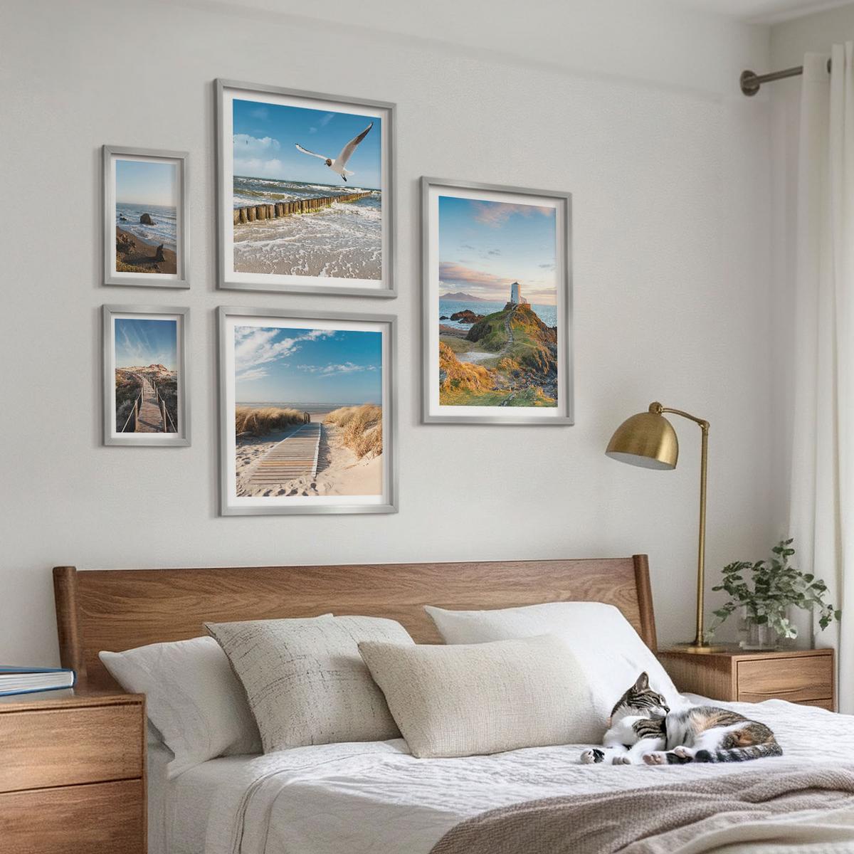 BILDER SET 5er Set - 50x50 cm & 20x30 cm & 40x60 cm Silberner Rahmen - Palmen am Meer, blaues Wasser - Silberfarben, Kunststoff (40/60cm) - TULUP
