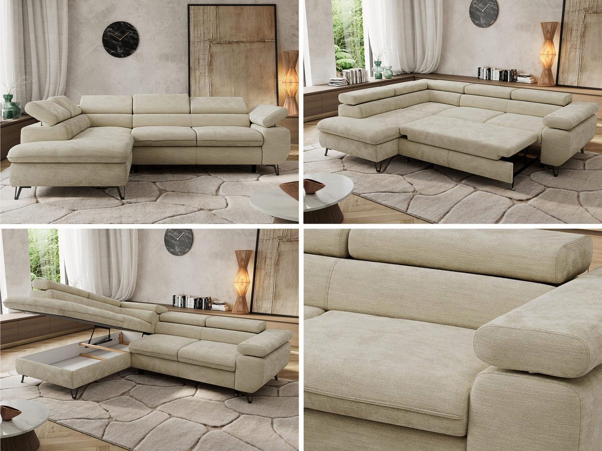 ECKSOFA PABLO L Beige Schenille glatt - Links Seite mit T25 Topper - Beige/Schwarz, Textil/Metall (208/273cm) - MKS